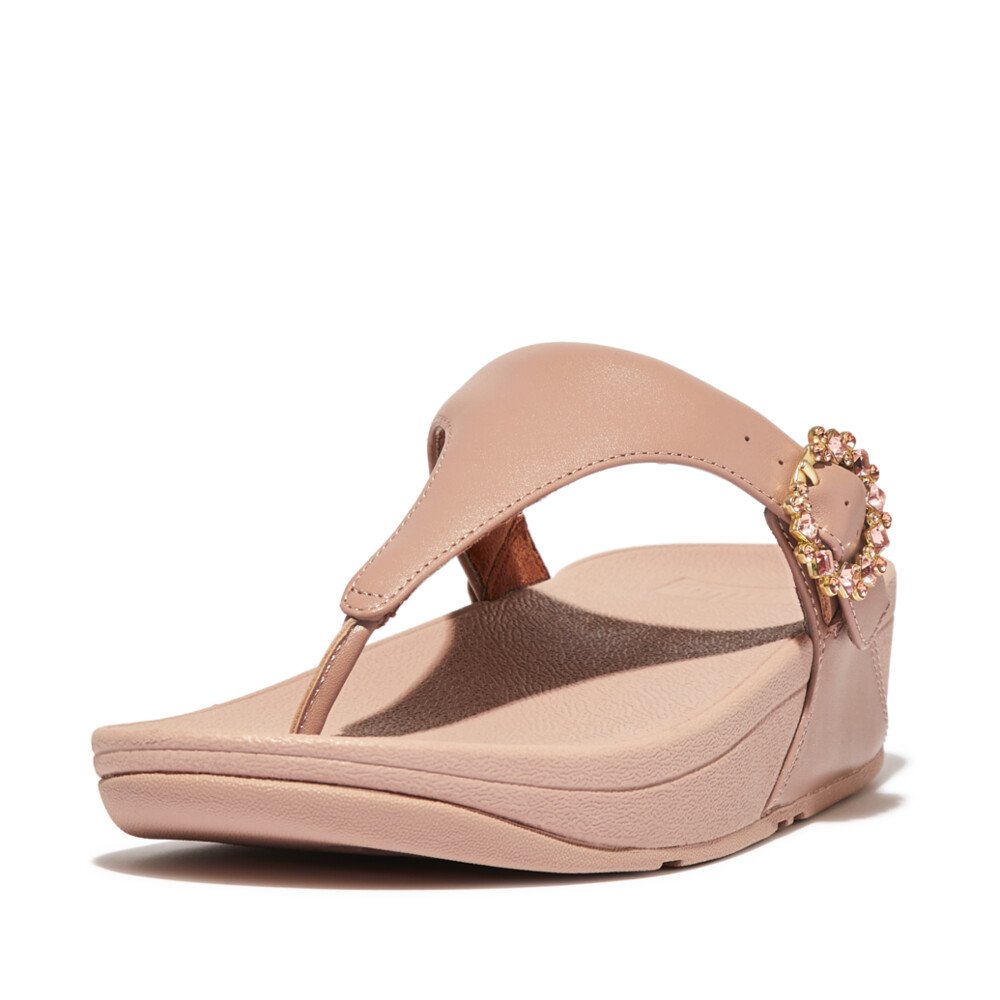 FitFlop LULU Crystal-Buckle Leather Toe-Post Sandals Beige front view