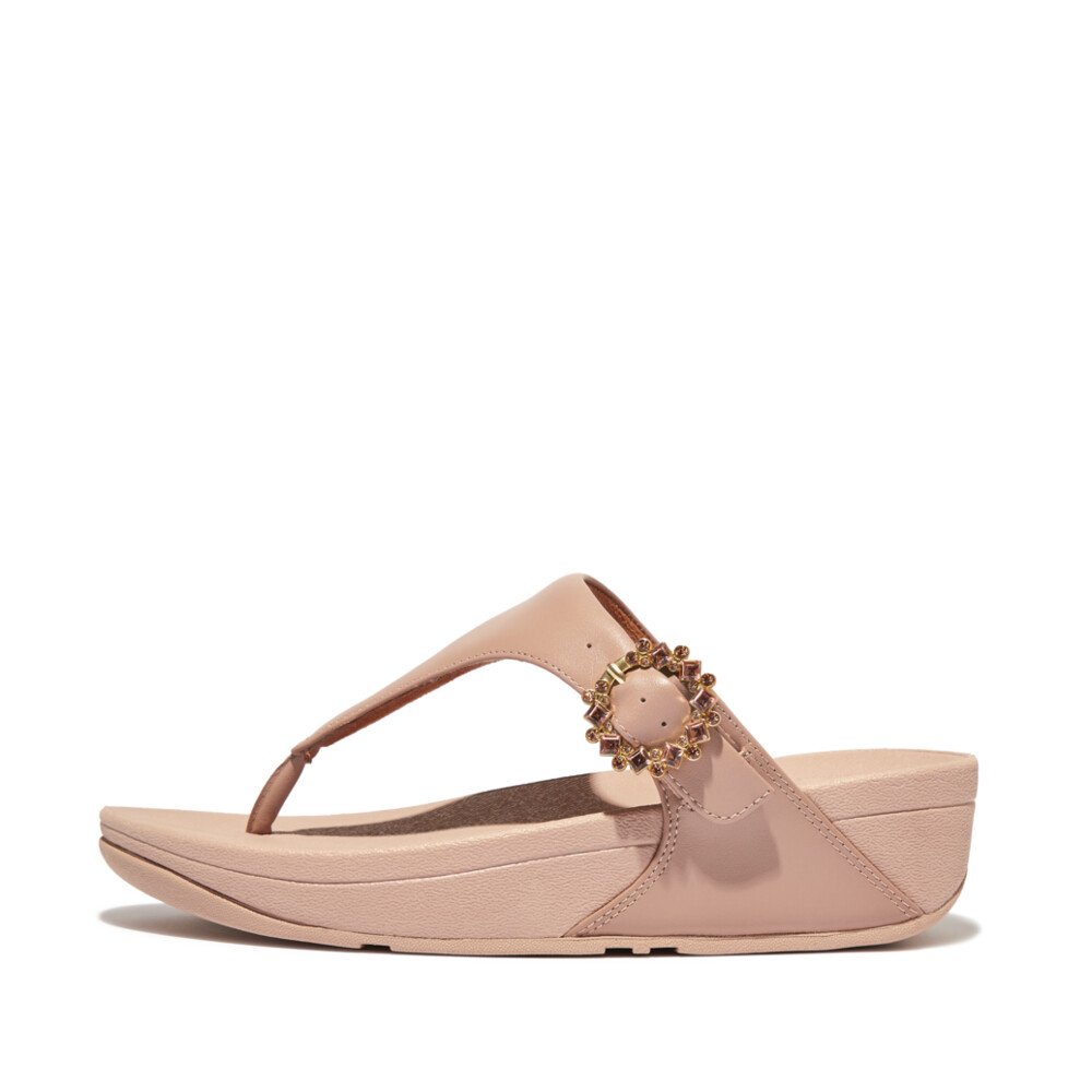 FitFlop LULU Crystal-Buckle Leather Toe-Post Sandals Beige front view