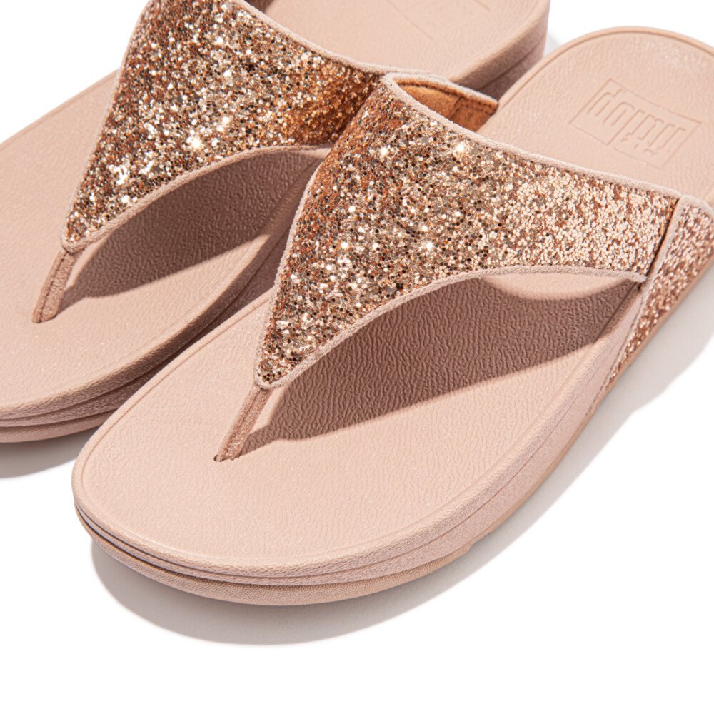 FitFlop LULU Glitter Toe-Post Sandals Rose Gold front view