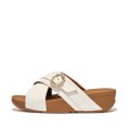 FitFlop LULU Crystal-Buckle Leather Cross Slides Cream front view
