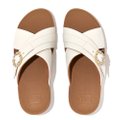 FitFlop LULU Crystal-Buckle Leather Cross Slides Cream front view
