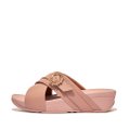 FitFlop LULU Crystal-Buckle Leather Cross Slides Beige front view