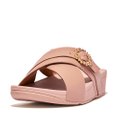 FitFlop LULU Crystal-Buckle Leather Cross Slides Beige front view
