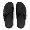 FitFlop LULU Crystal-Buckle Leather Cross Slides All Black front view