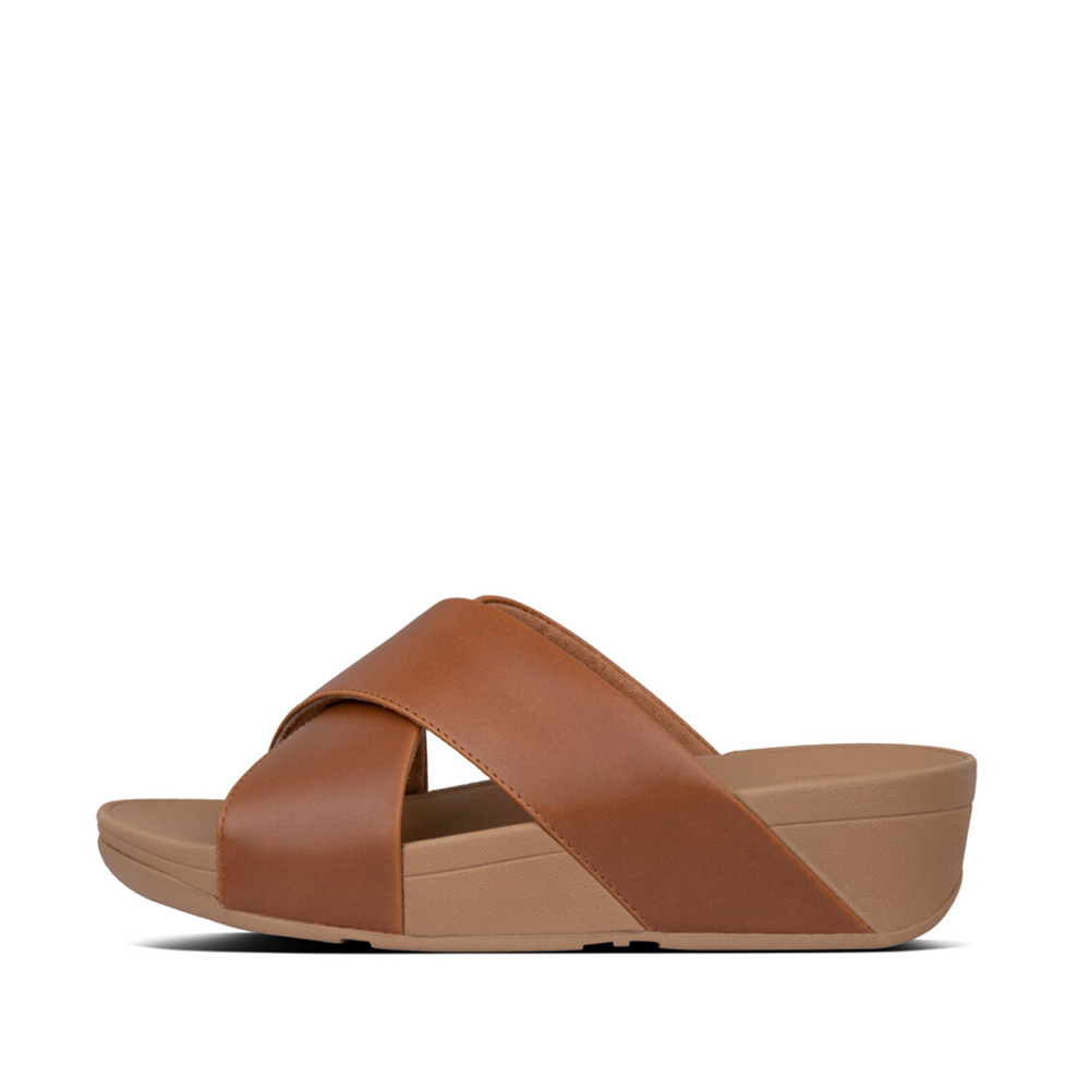 LULU Leather Cross Slide Sandals - Light Tan (K04-592) | FitFlop Singapore