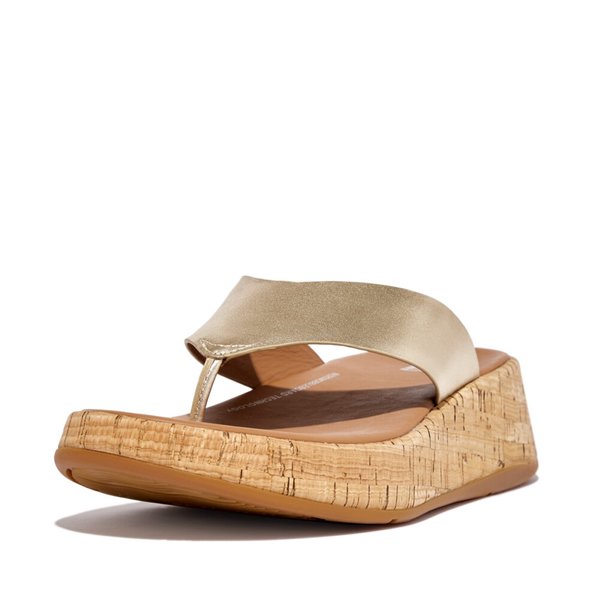 F-MODE Metallic Leather Cork Flatform Toe-Post Sandals