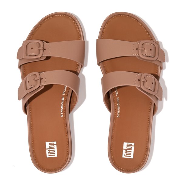GRACIE Rubber-Buckle Two Bar Leather Slides Sandals