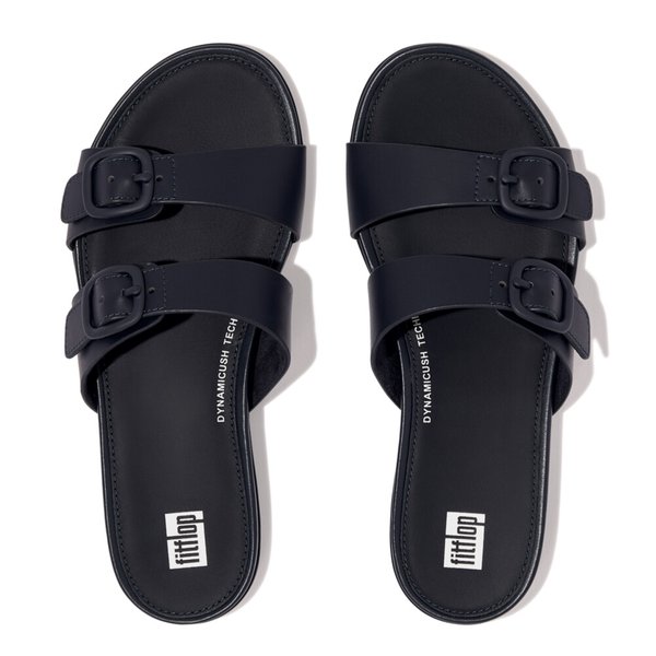 GRACIE Rubber-Buckle Two Bar Leather Slides Sandals