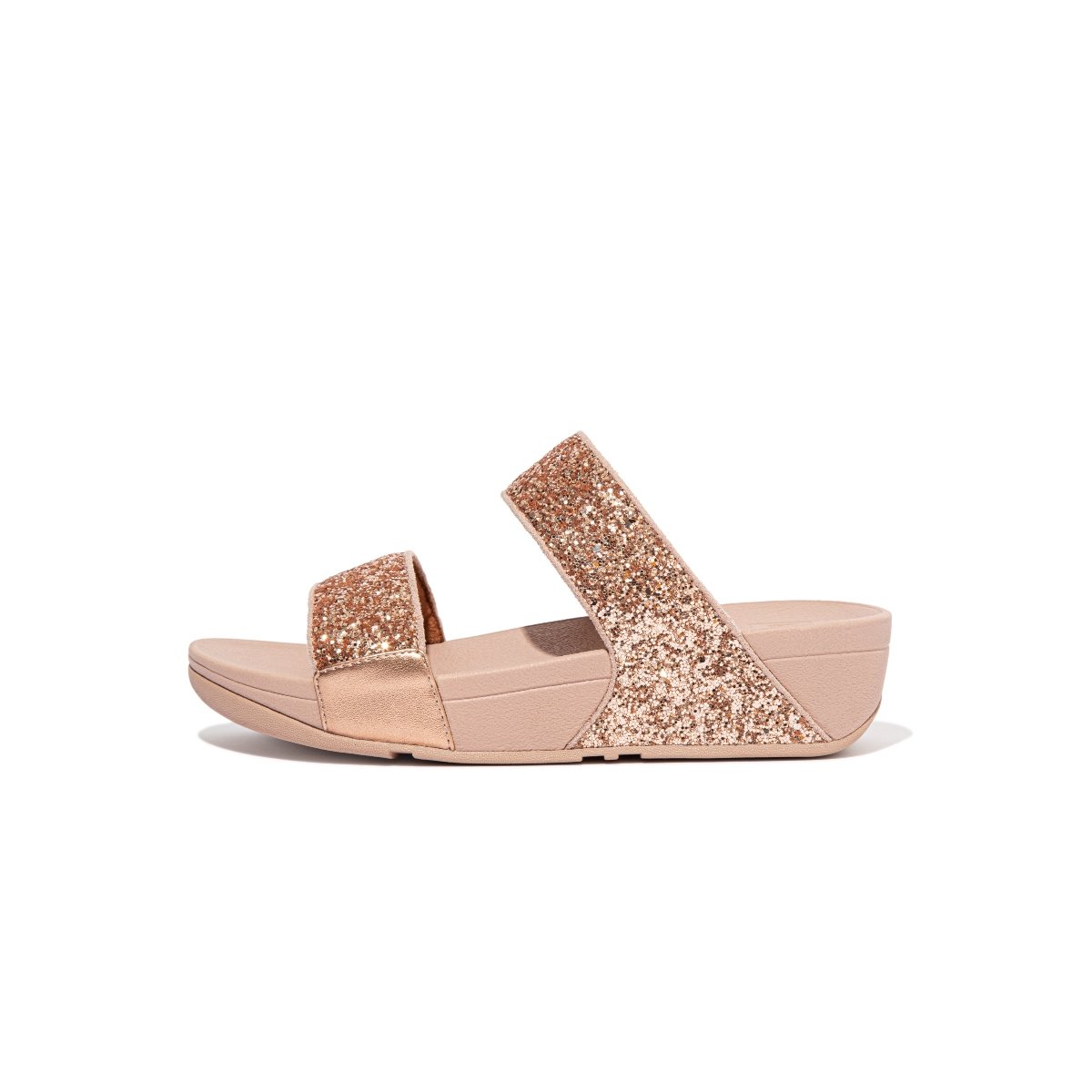 FitFlop LULU Glitter Slides Rose Gold front view