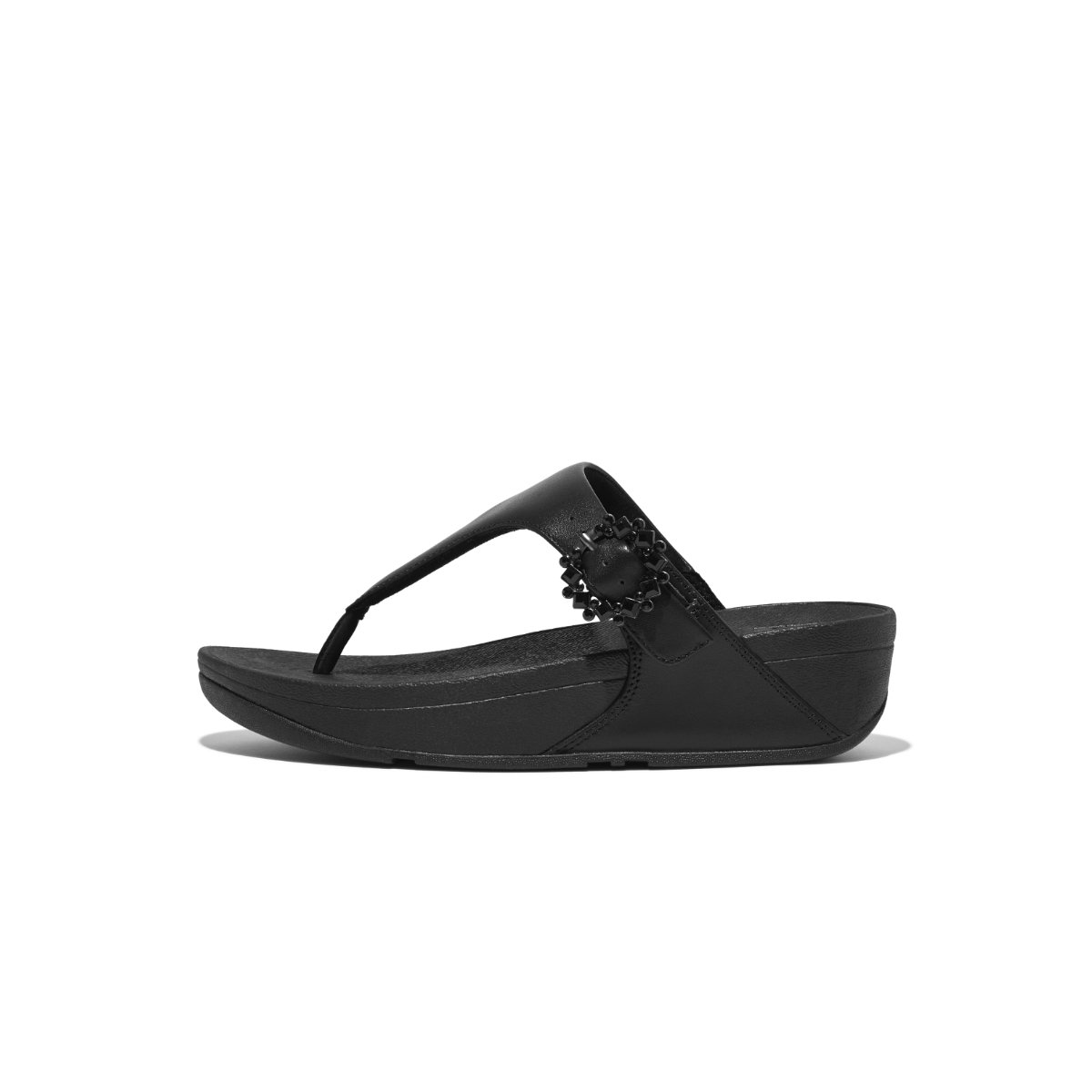 FitFlop LULU Crystal-Buckle Leather Toe-Post Sandals All Black front view 