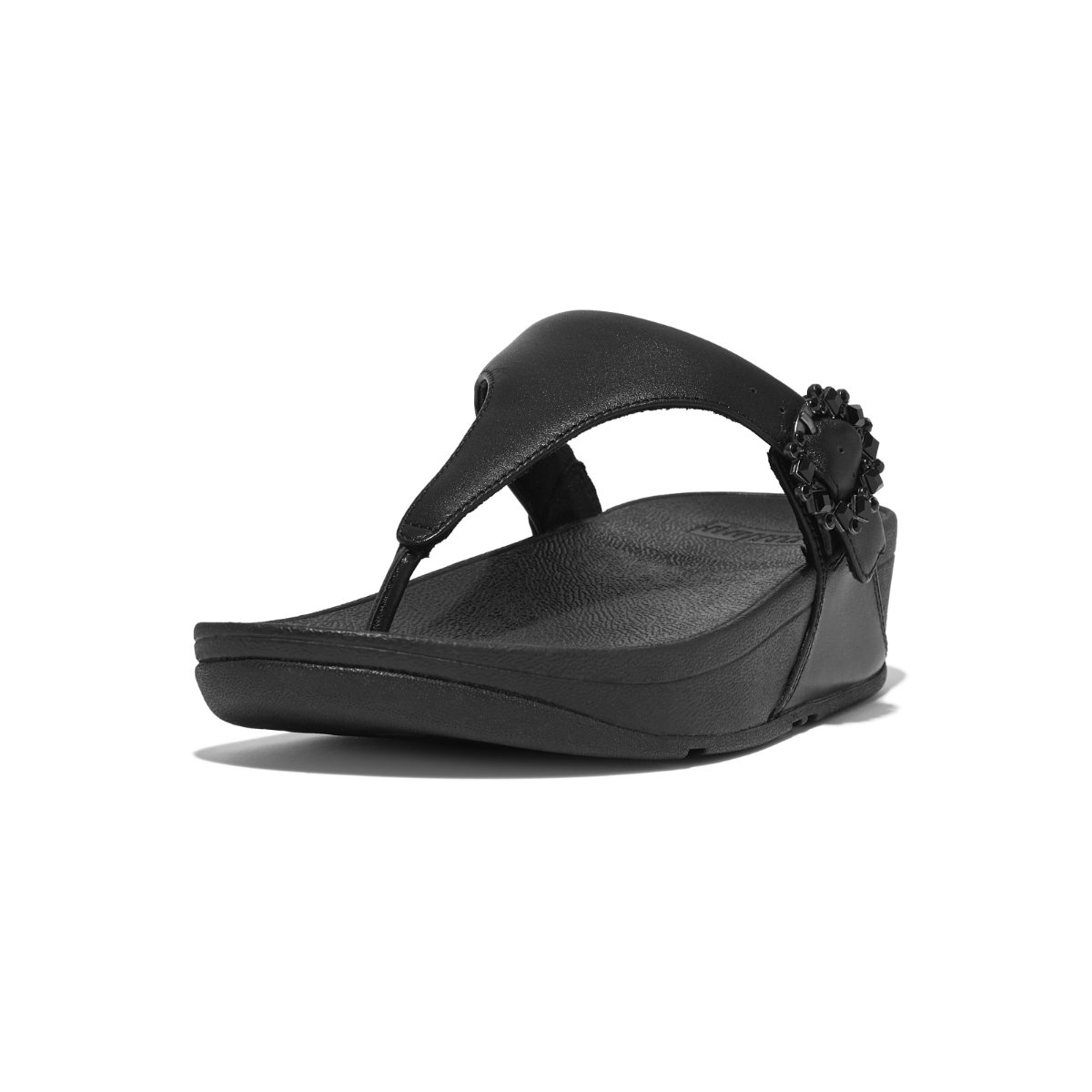 FitFlop LULU Crystal-Buckle Leather Toe-Post Sandals All Black side view