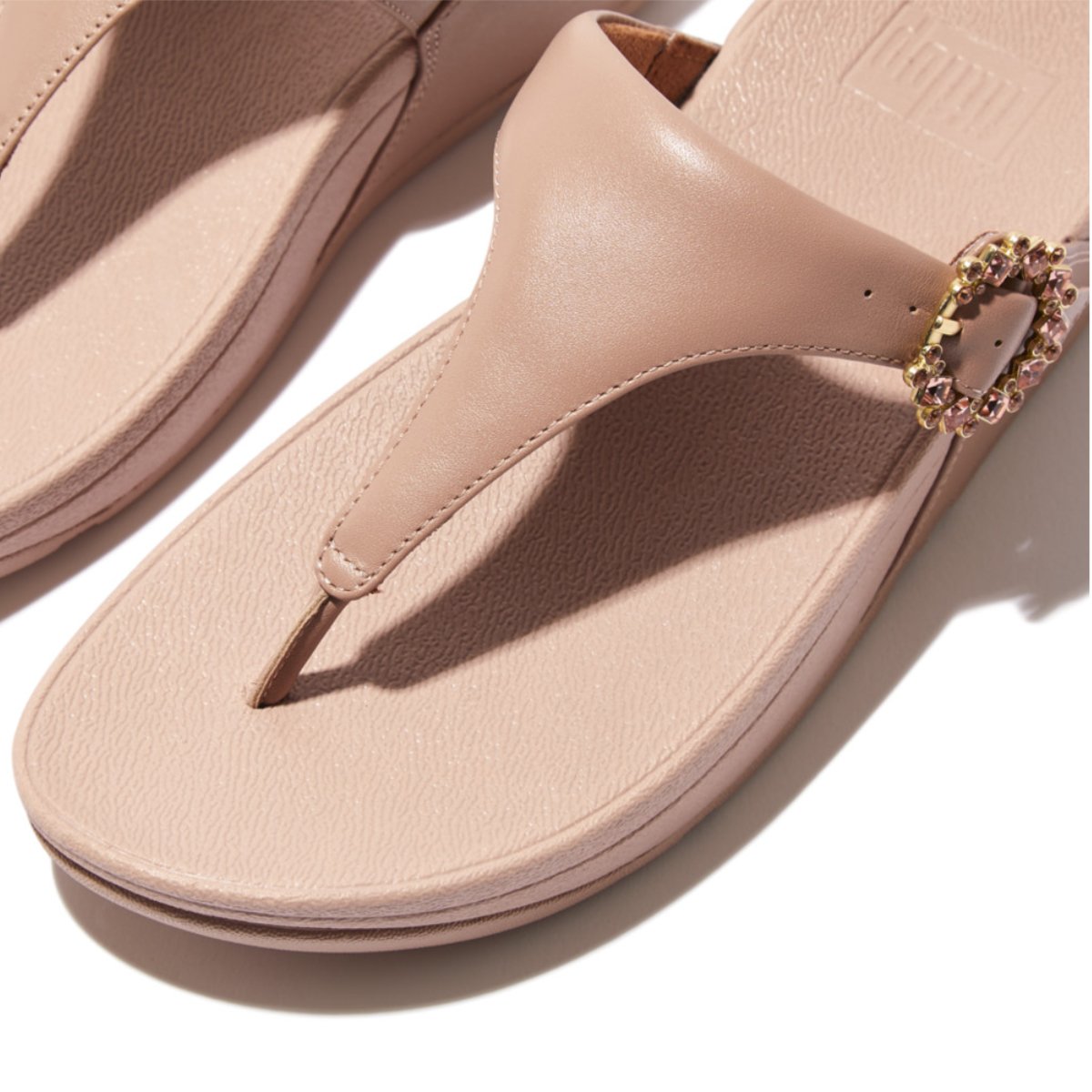 FitFlop LULU Crystal-Buckle Leather Toe-Post Sandals Beige close up