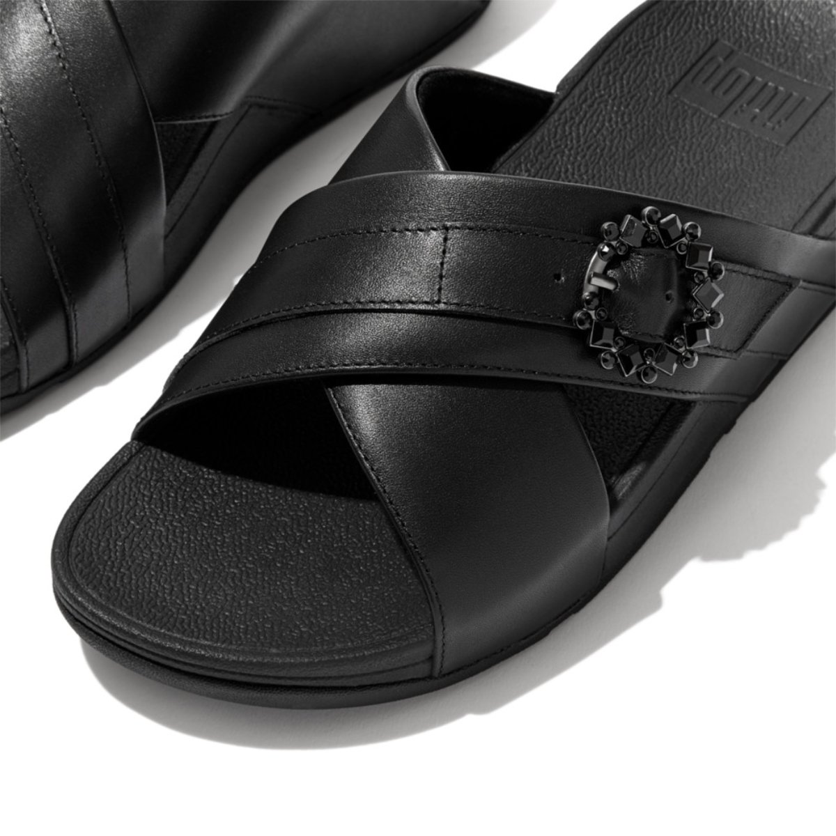 FitFlop LULU Crystal-Buckle Leather Cross Slides All Black close up