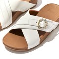 FitFlop LULU Crystal-Buckle Leather Cross Slides Cream close up
