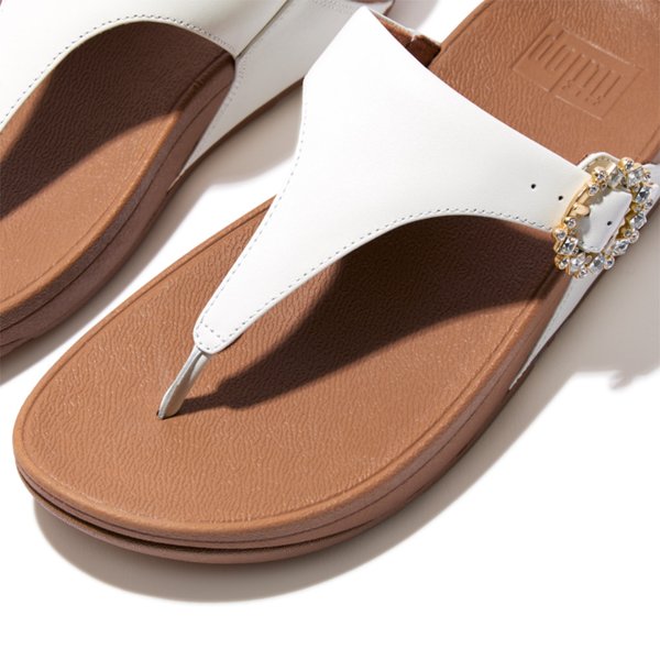 LULU Crystal-Buckle Leather Toe-Post Sandals