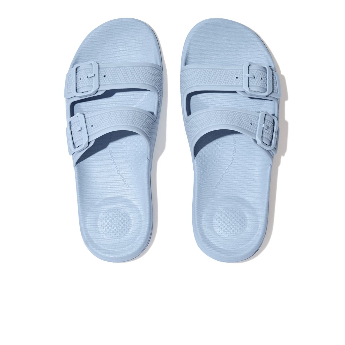 FitFlop iQUSHION Two-Bar Buckle Slides Sky Blue top view