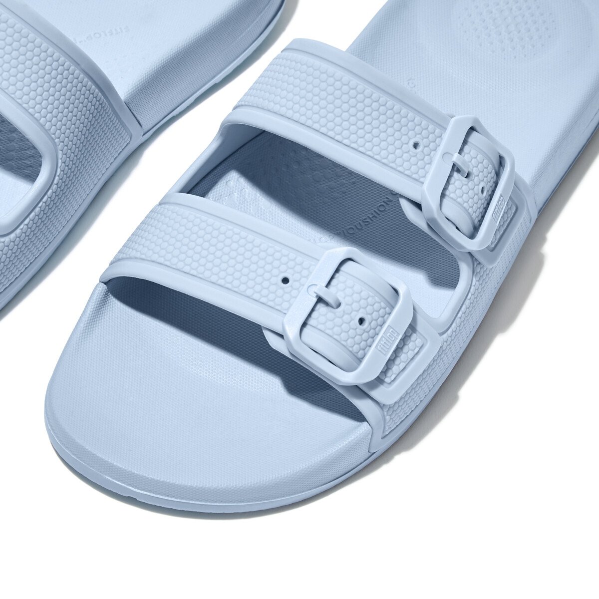FitFlop iQUSHION Two-Bar Buckle Slides Sky Blue close up
