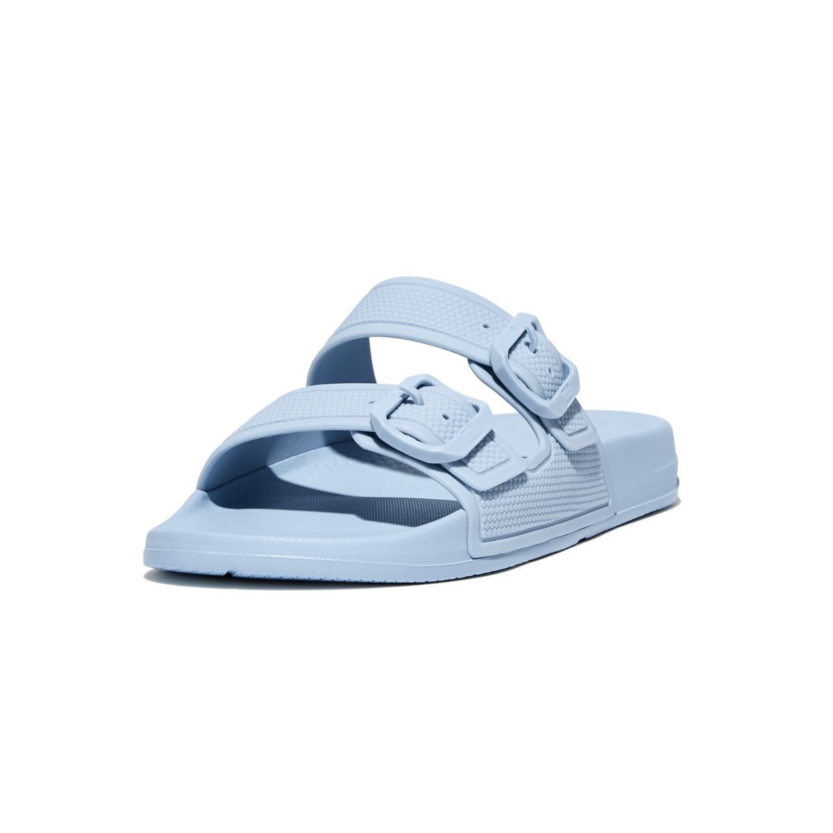 FitFlop iQUSHION Two-Bar Buckle Slides Sky Blue side view