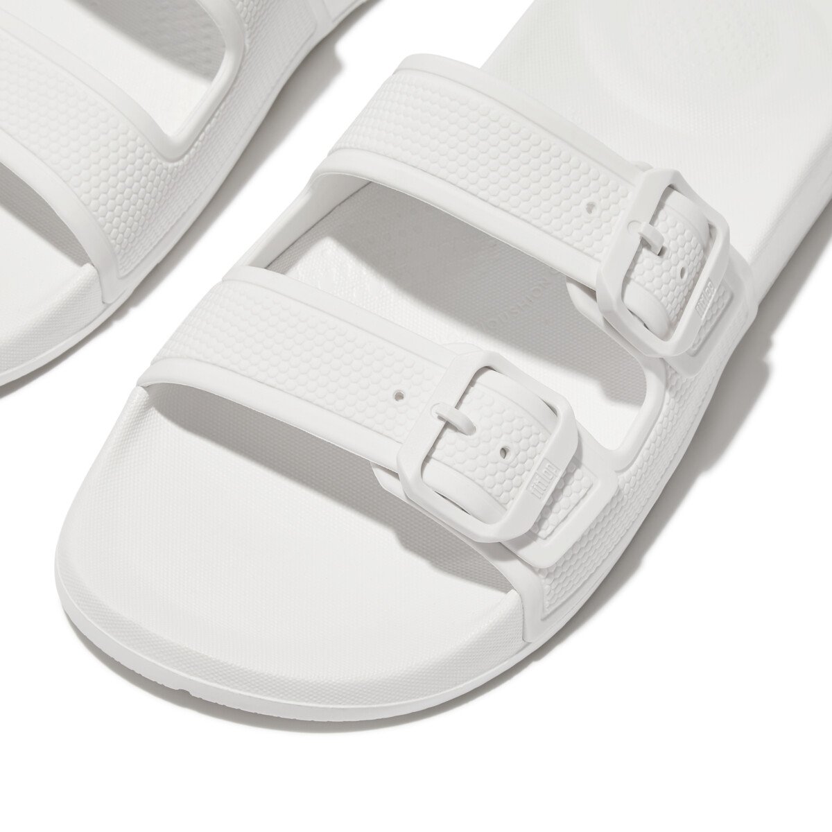 FitFlop iQUSHION Two-Bar Buckle Slides Urban White close up