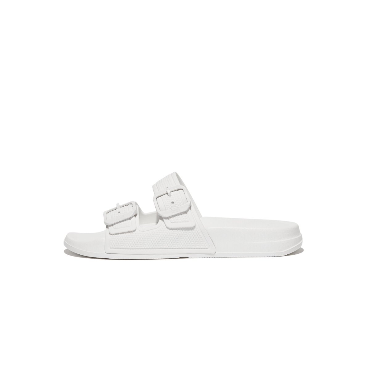 FitFlop iQUSHION Two-Bar Buckle Slides Urban White front view